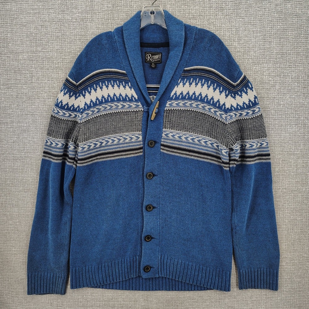 Retrofit Shawl Collar Cardigan Sweater Men XL Blue Fair Isle Button Front Vtg
